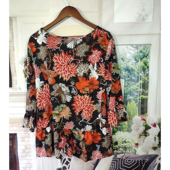 NY Collection Size 1X Top Floral Peplum 3/4 Bell Sleeve Popover Boho Office - Picture 4 of 8